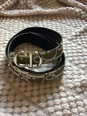 Dior light brown and white Monogram Belt with Silver CD Buckle